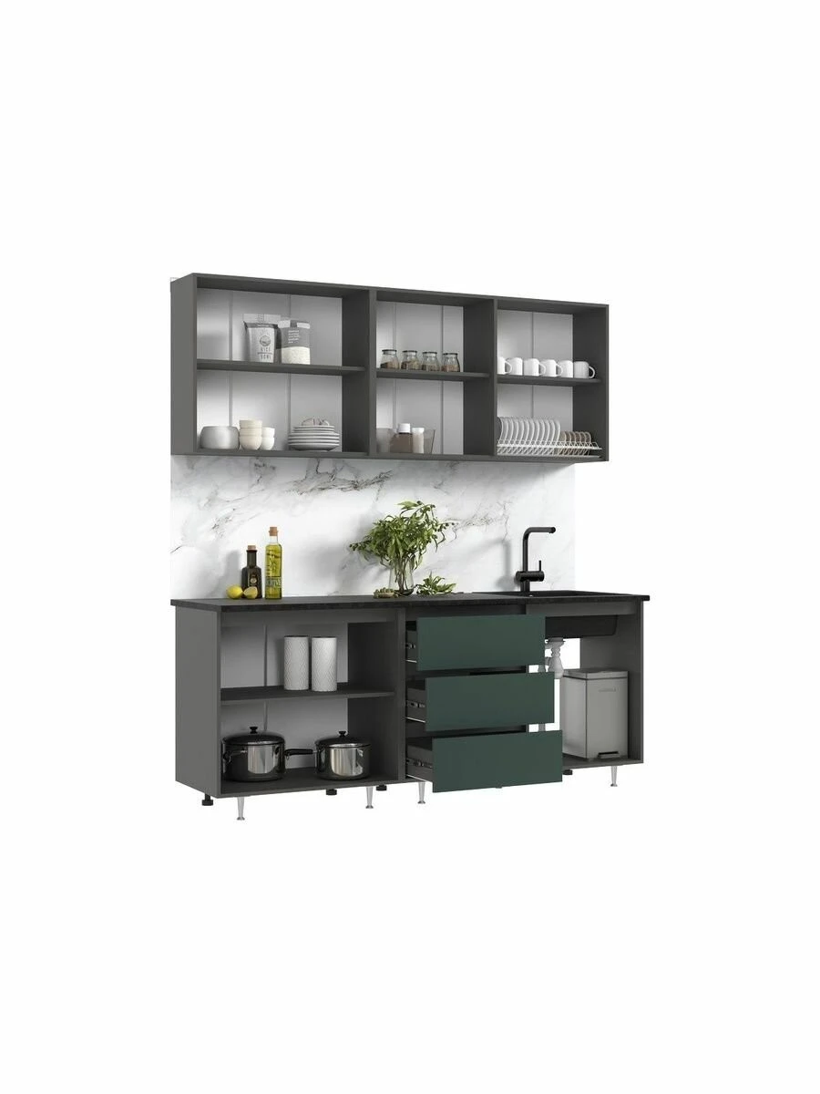 Кухонный гарнитур Челси 2м ЛДСП изумрудный/графит со столешницей
